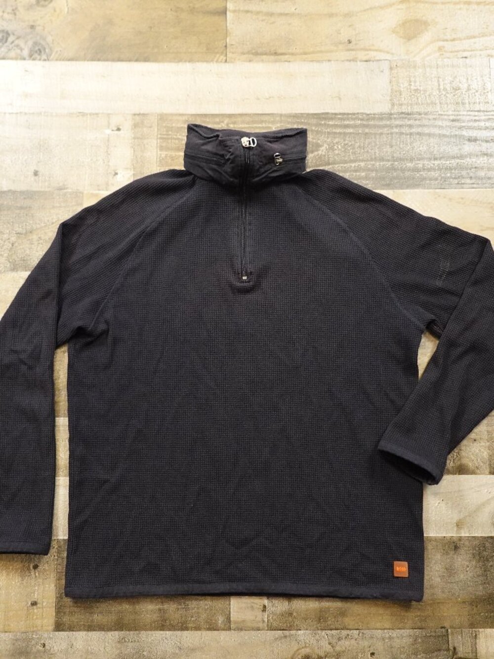 BOSS Hugo Boss Waffle Knit 1/4 Zip Pullover Men’s XL Black Hooded FAIR
